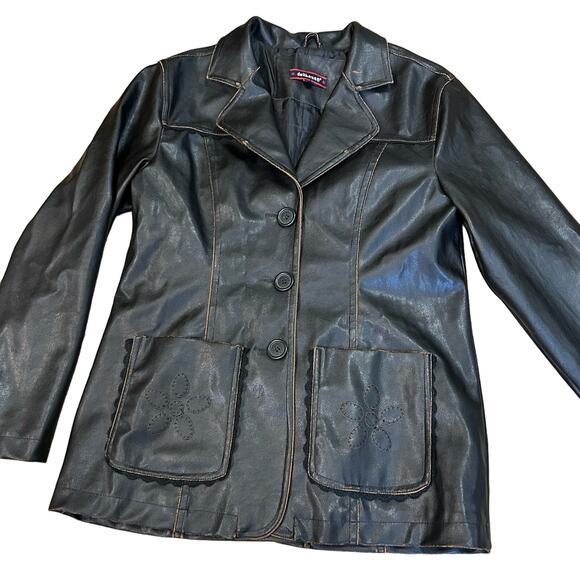American Vintage Jackets & Blazers - Y2K 90s Faux Leather Brown Pleather Jacket Boho Hippie Flower Lace Distressed